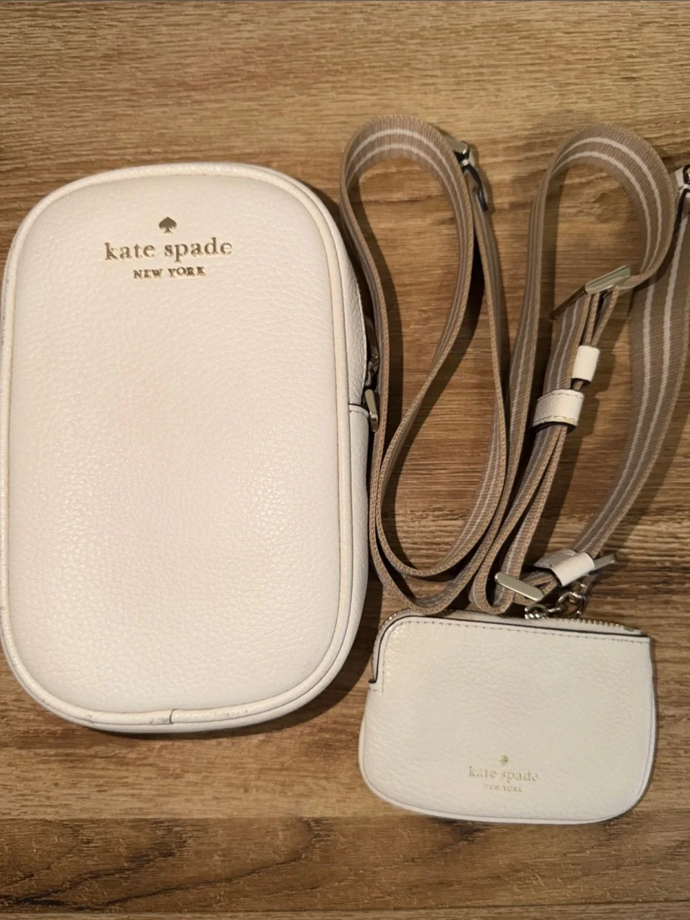 kate spade Cream Pebbled Leather Crossbody Phone Pouch with Gold Logo
